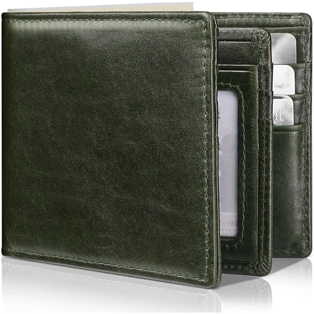 Men's Classic Holders Bifold Wallet Card Green Genuine Leather 2 Cash Pockets